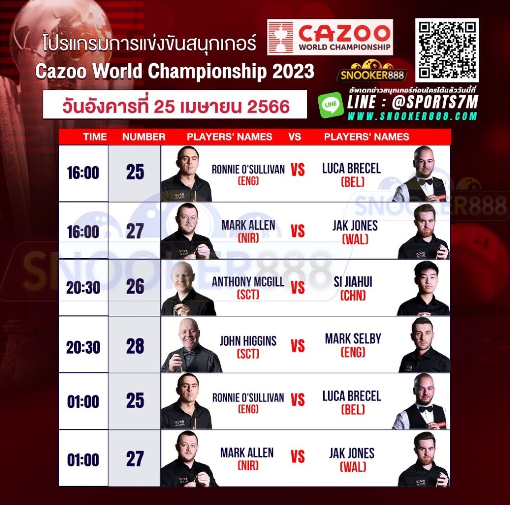 โปรแกรมการแข่งขันสนุกเกอร์ Cazoo World Championship 2023