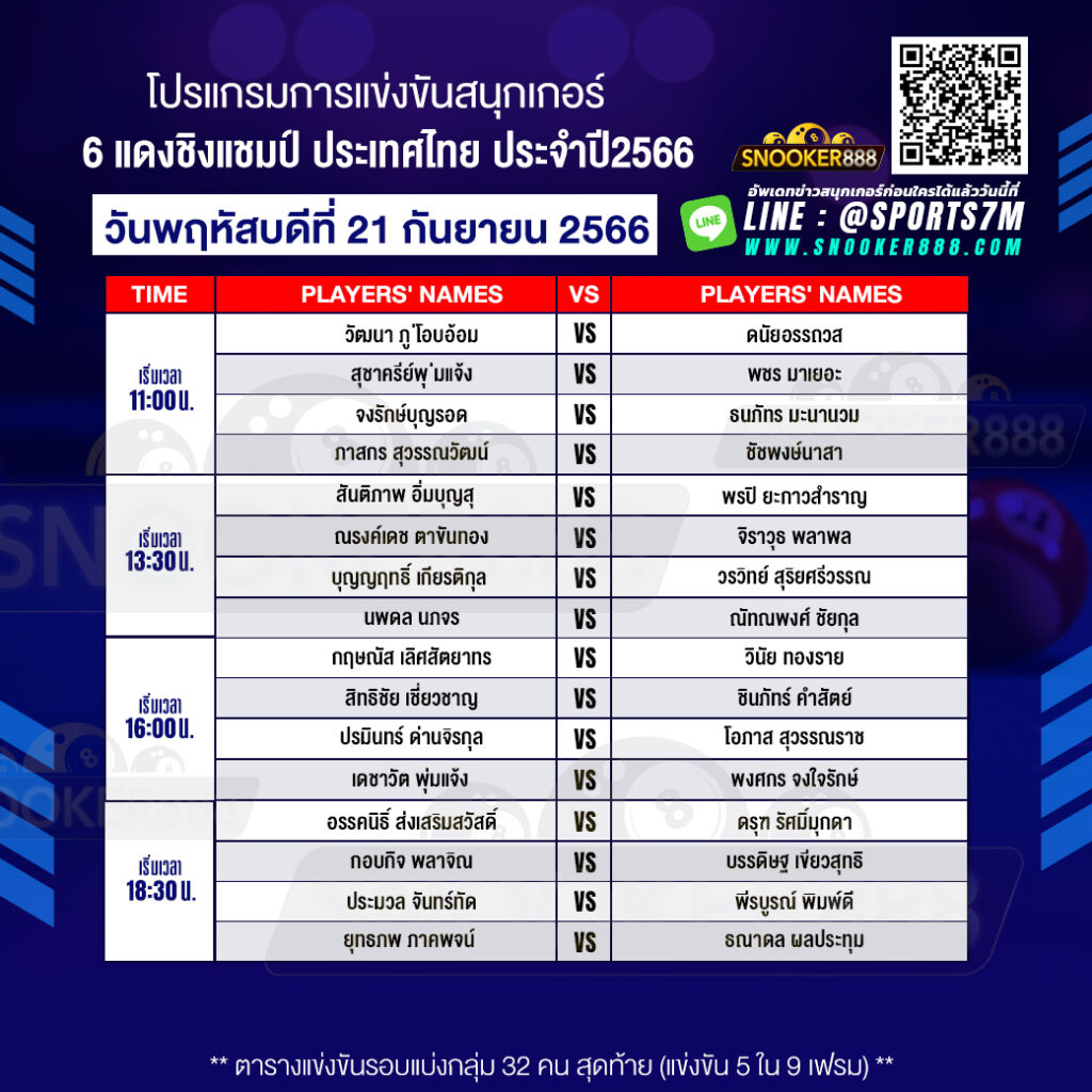 โปรแกรมการแข่งขันสนุกเกอร์ 6 แดงชิงแชมป์ ประเทศไทย วันที่ 21 ก.ย.66