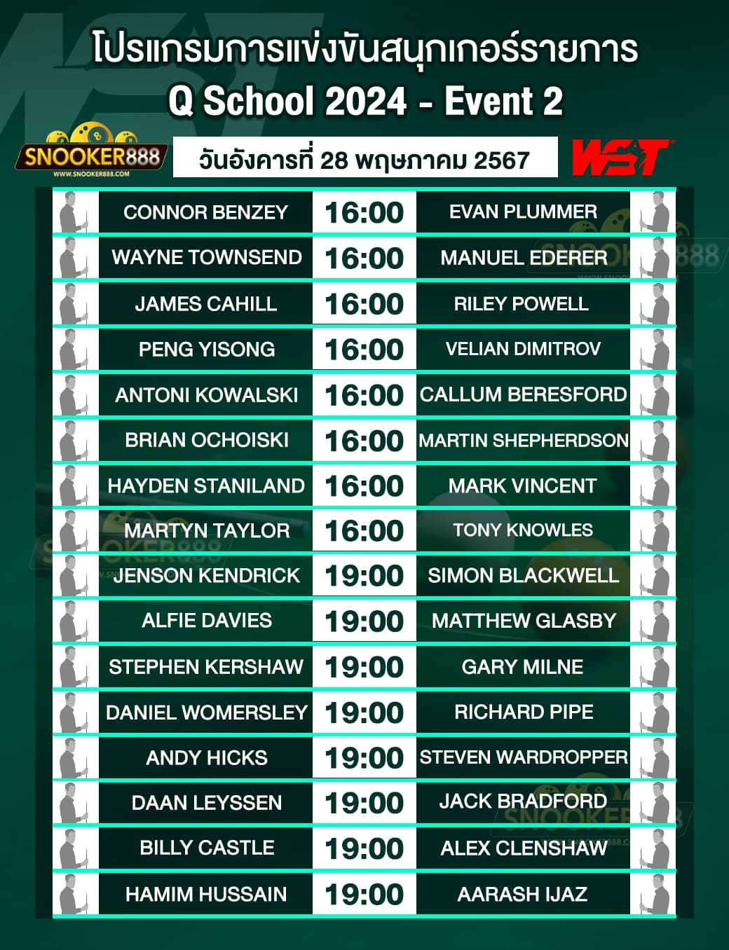 โปรแกรมการแข่งขันสนุกเกอร์ Q School 2024 - Event 2