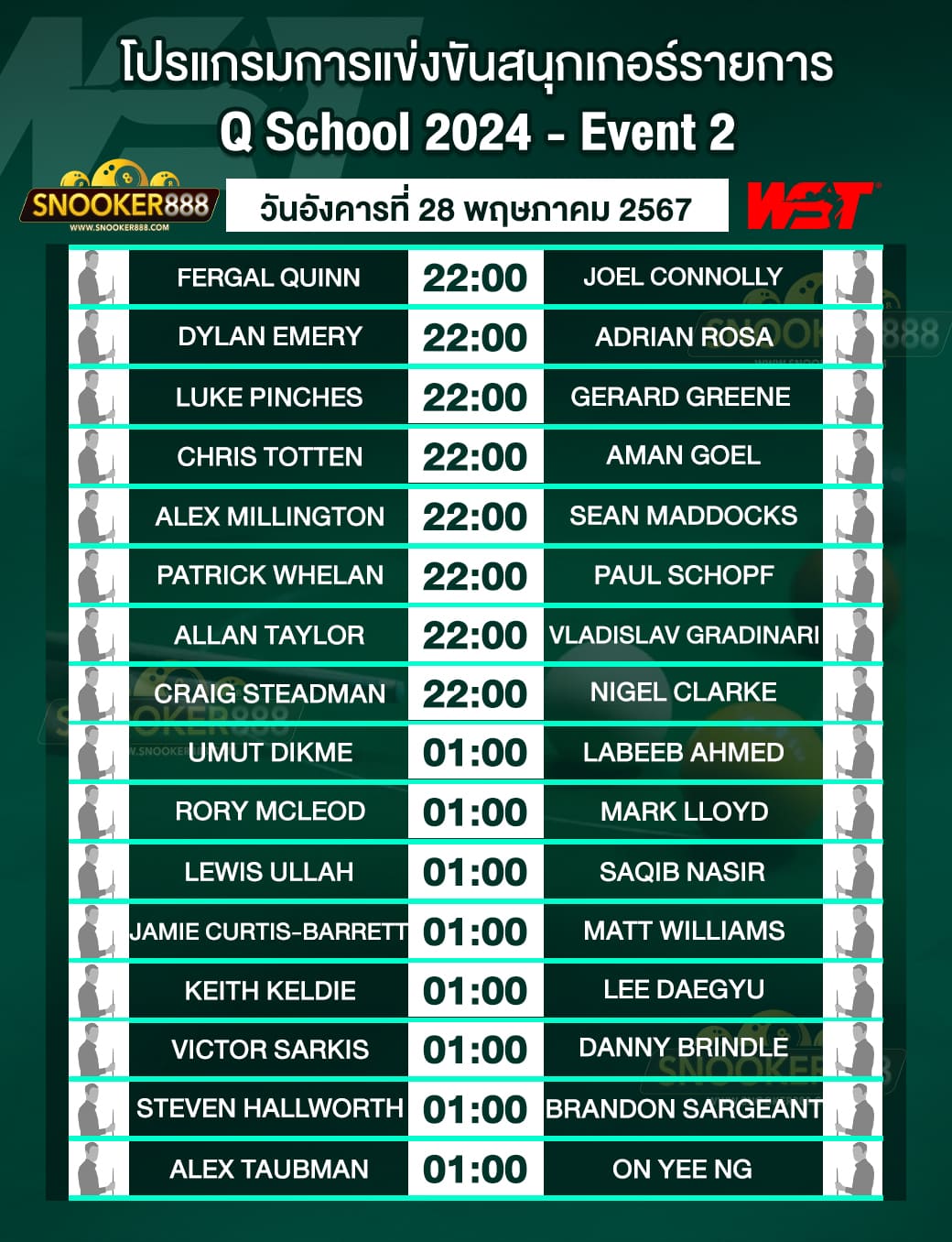 โปรแกรมการแข่งขันสนุกเกอร์ Q School 2024 - Event 2