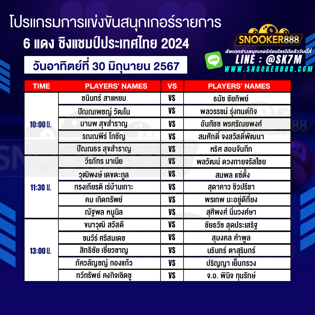 โปรแกรมการแข่งขันสนุกเกอร์ 6 แดง ชิงแชมป์ประเทศไทย 2024