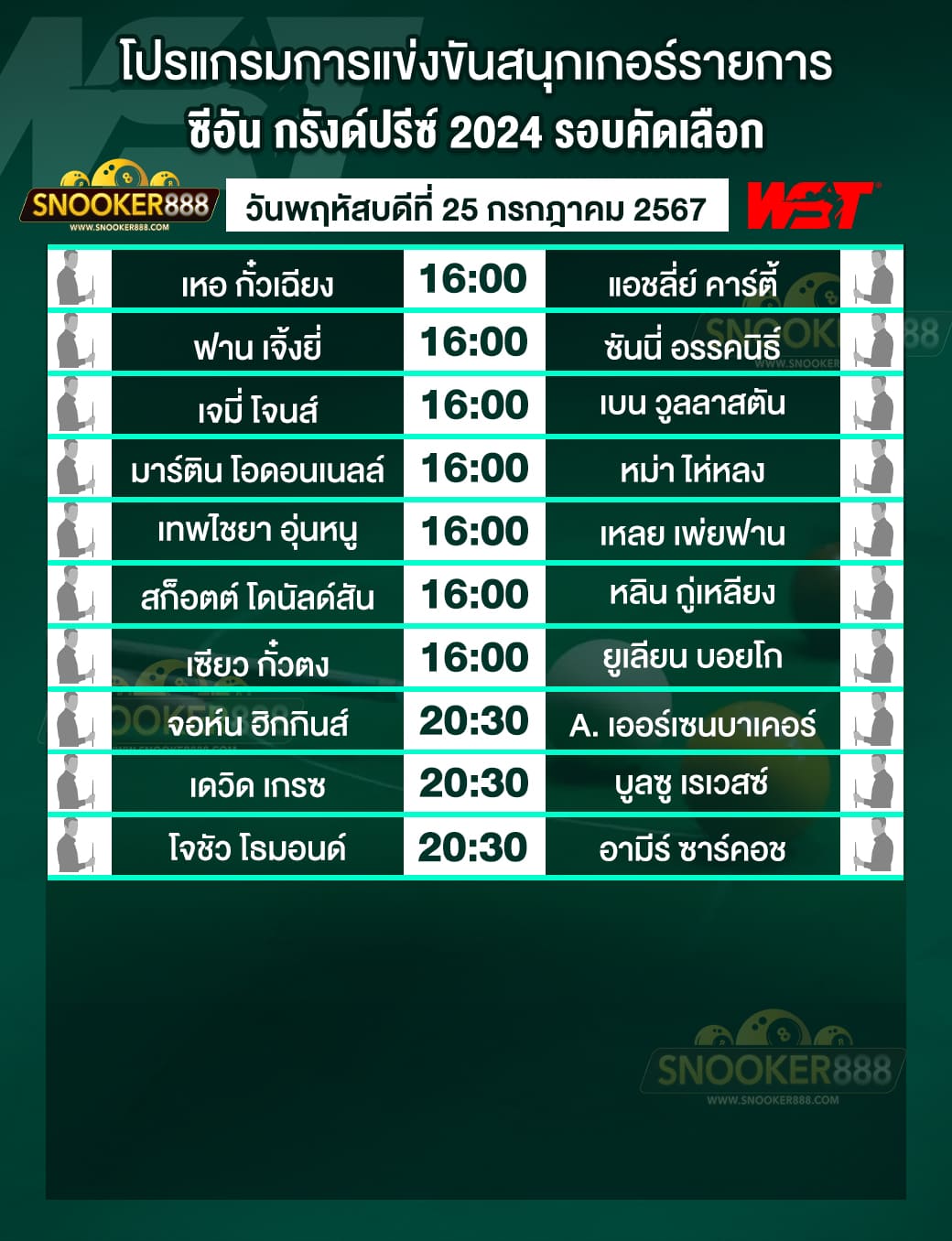 โปรแกรมการแข่งขันสนุกเกอร์ ซีอัน กรังด์ปรีซ์ 2024 รอบคัดเลือก