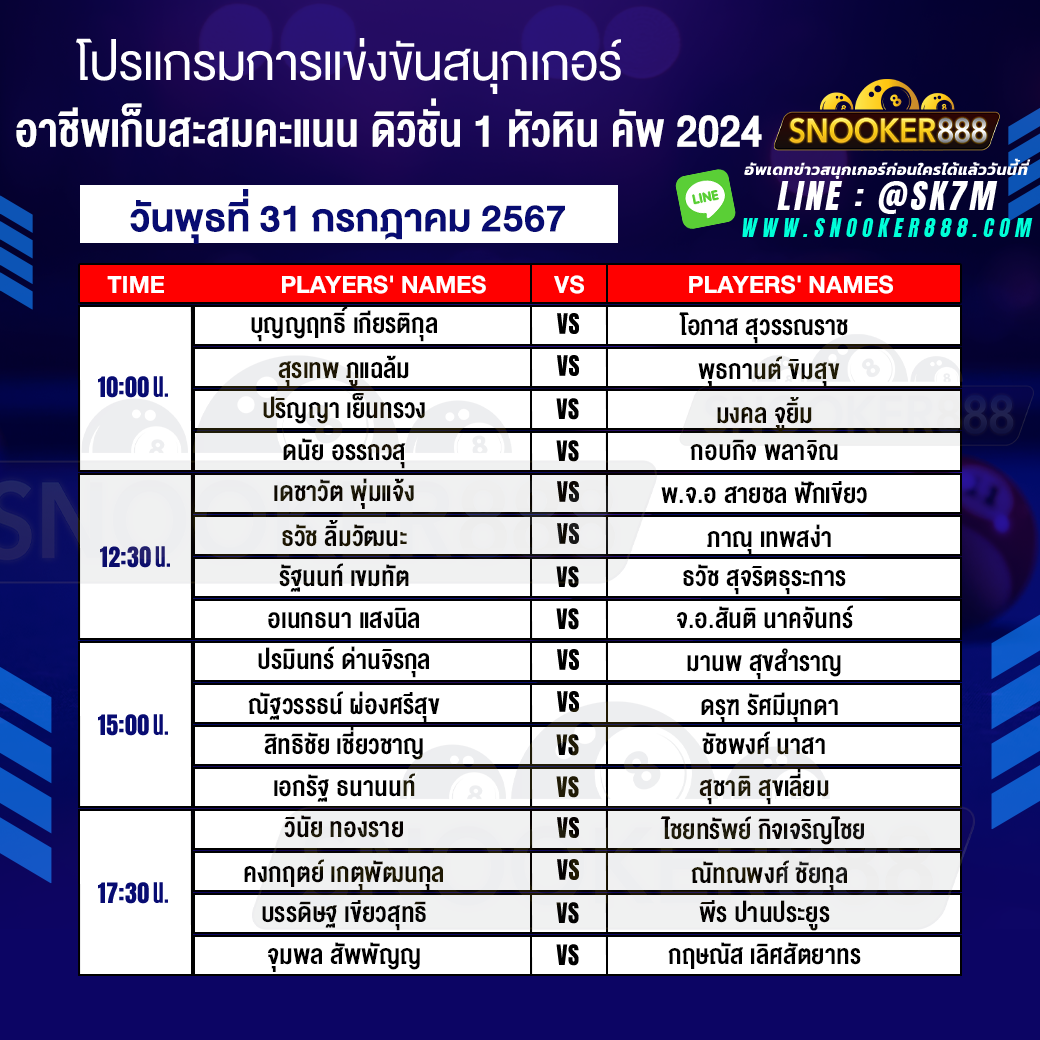 โปรแกรมการแข่งขันสนุกเกอร์ อาชีพเก็บสะสมคะแนน ดิวิชั่น 1 หัวหิน คัพ 2024 วันที่ 31 ก.ค. 67