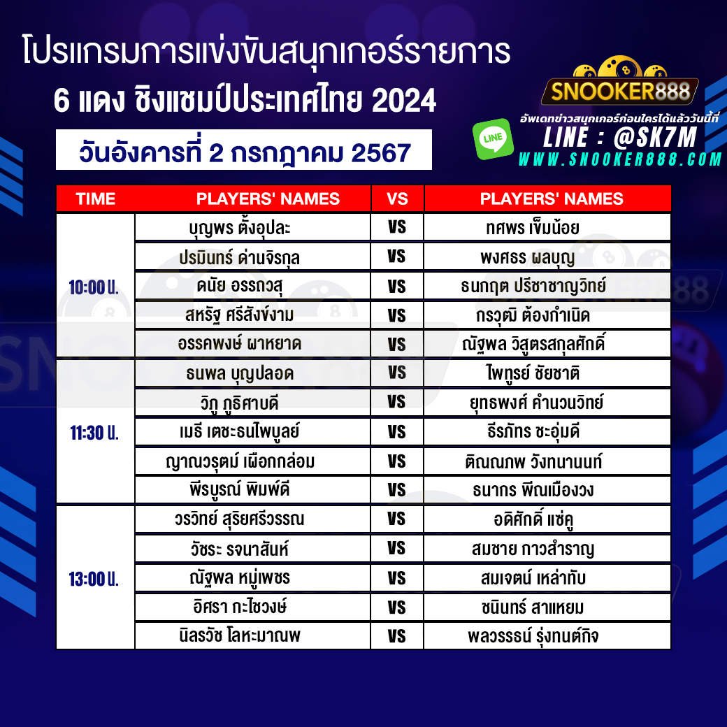 โปรแกรมการแข่งขันสนุกเกอร์ 6 แดง ชิงแชมป์ประเทศไทย 2024 วันที่ 2 ก.ค. 67