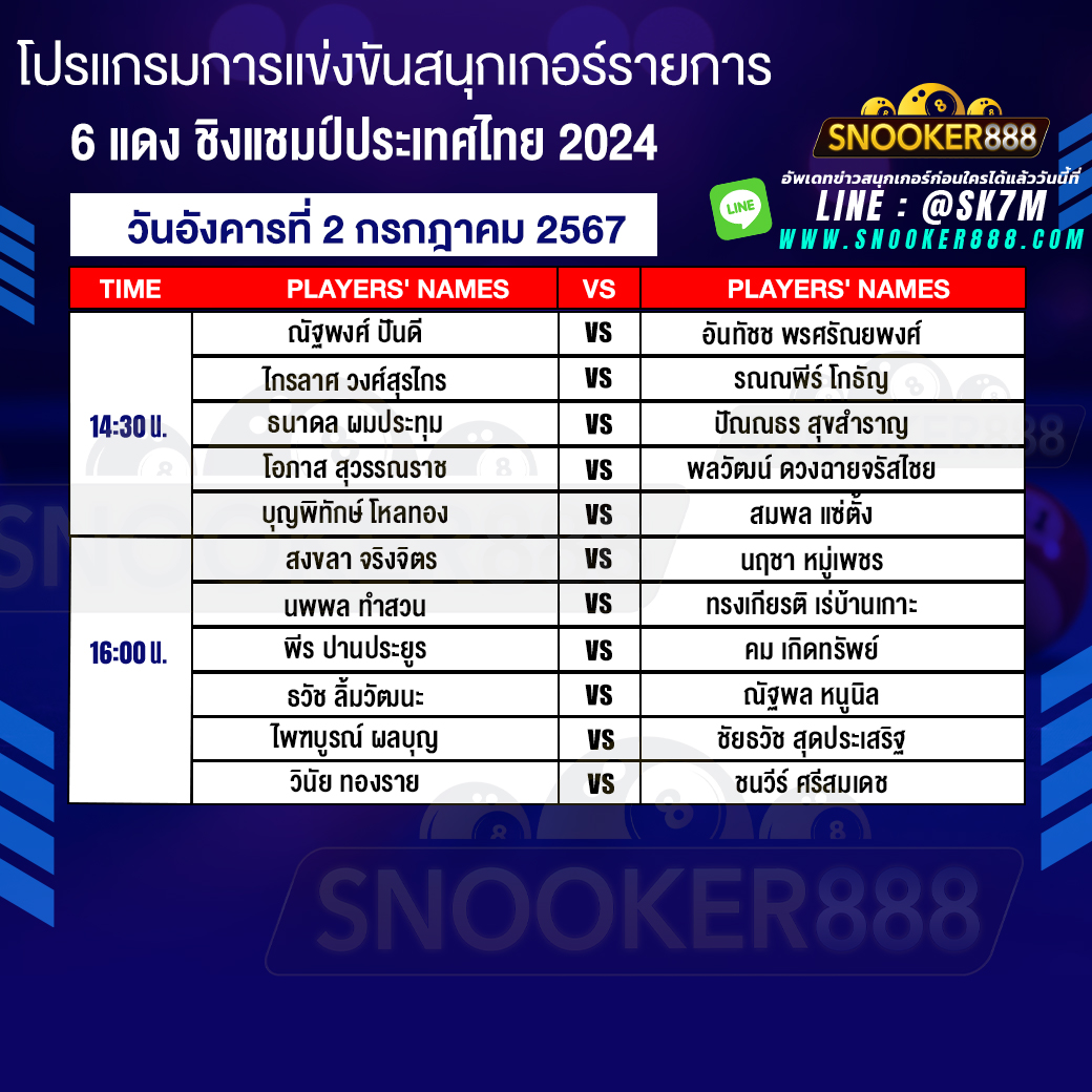 โปรแกรมการแข่งขันสนุกเกอร์ 6 แดง ชิงแชมป์ประเทศไทย 2024 วันที่ 2 ก.ค. 67