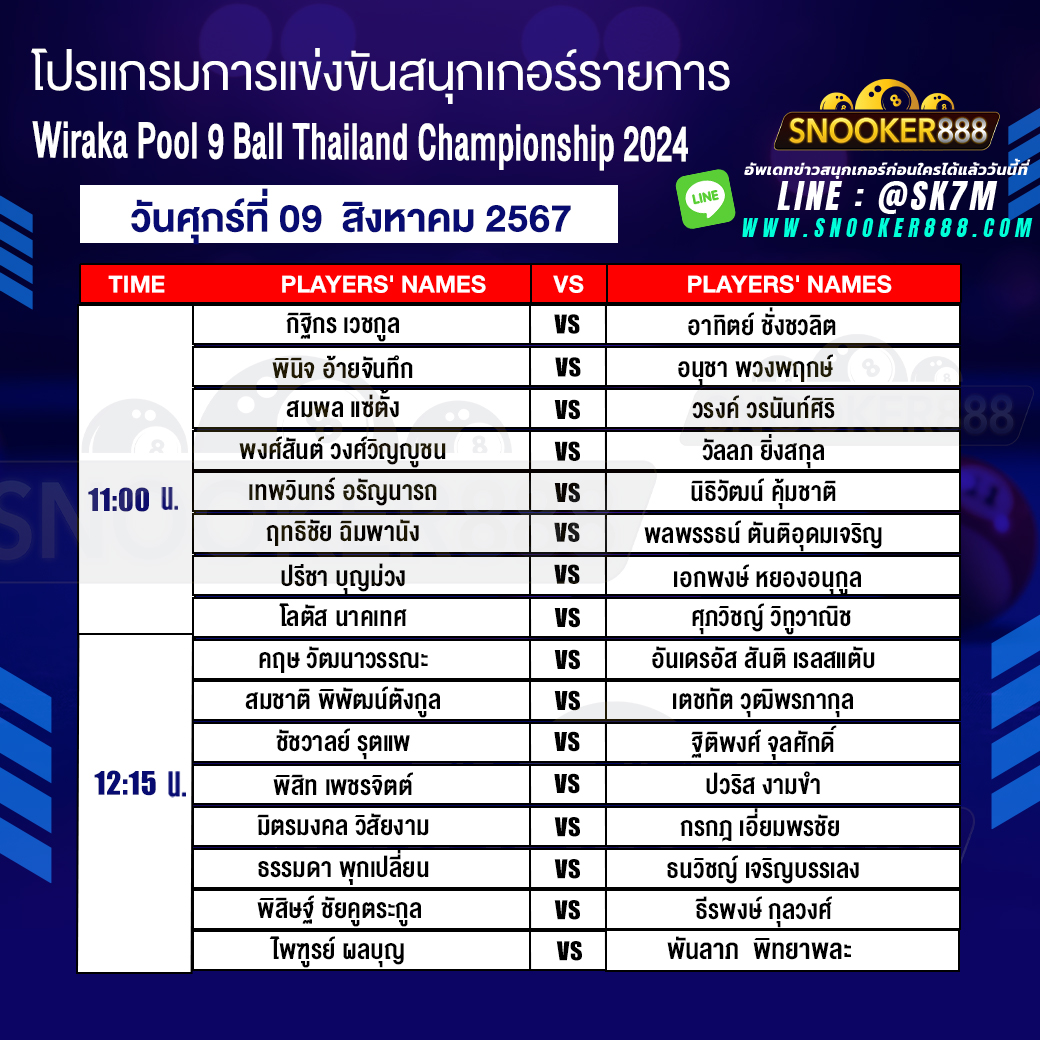 โปรแกรมการแข่งขันสนุกเกอร์ การแข่งขันชิงแชมป์ประเทศไทย ประจำปี 2567 PAT Pool 9 Ball วันที่ 09 ส.ค. 67