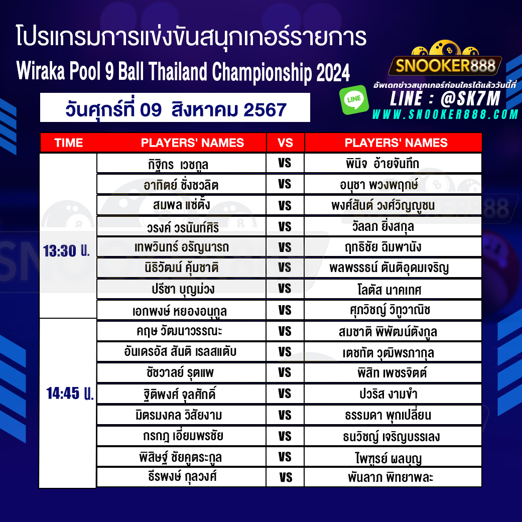 โปรแกรมการแข่งขันสนุกเกอร์ การแข่งขันชิงแชมป์ประเทศไทย ประจำปี 2567 PAT Pool 9 Ball วันที่ 09 ส.ค. 67