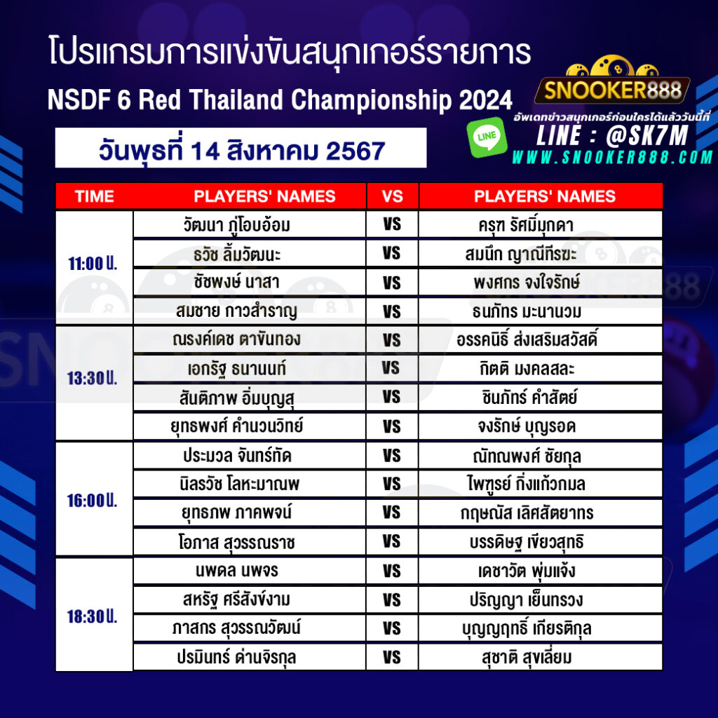 โปรแกรมการแข่งขันสนุกเกอร์ การแข่งขัน NSDF 6 Red Thailand Championship 2024 วันที่ 14 ส.ค. 67