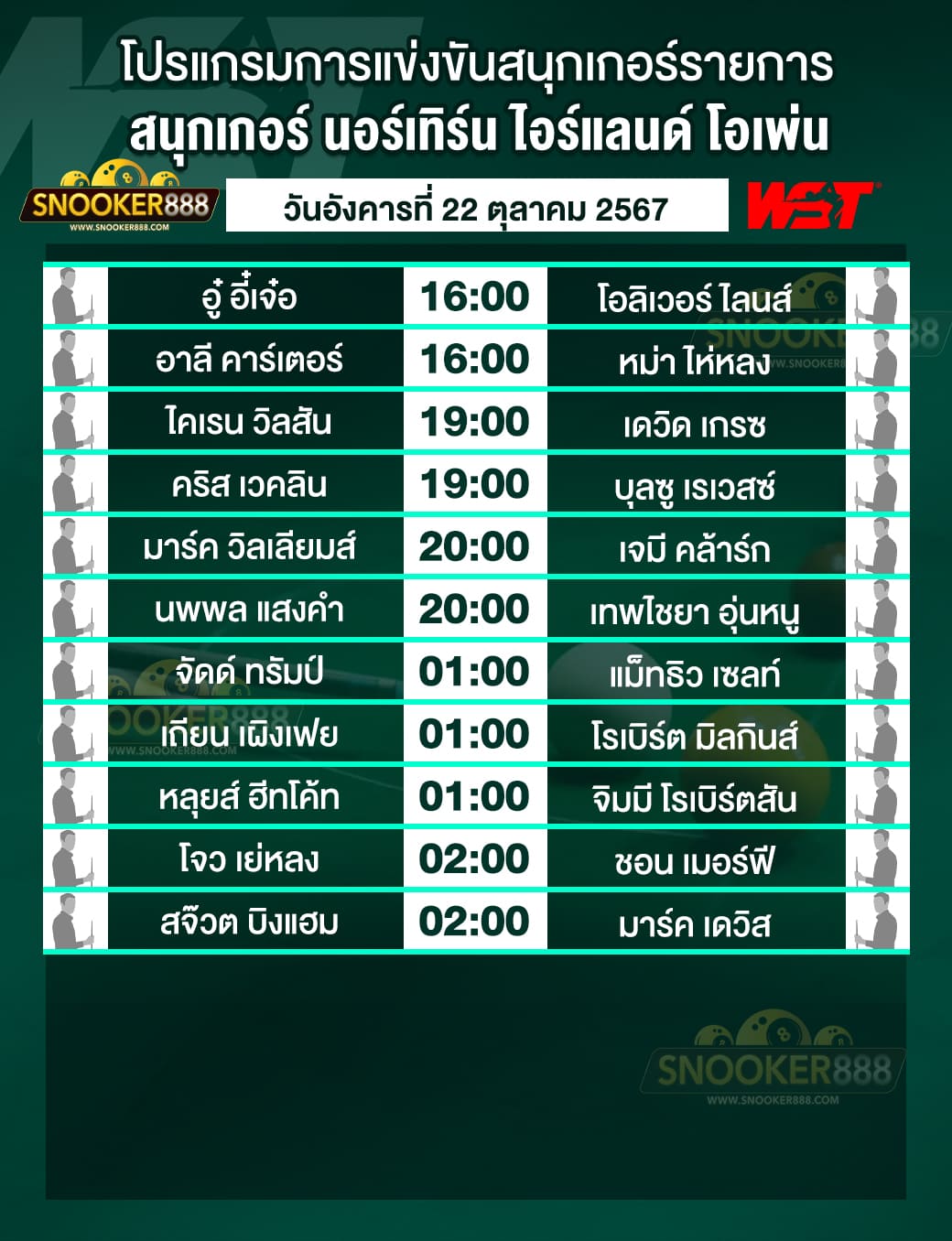 โปรแกรมการแข่งขันสนุกเกอร์ นอร์เทิร์น ไอร์แลนด์ โอเพ่น 2024