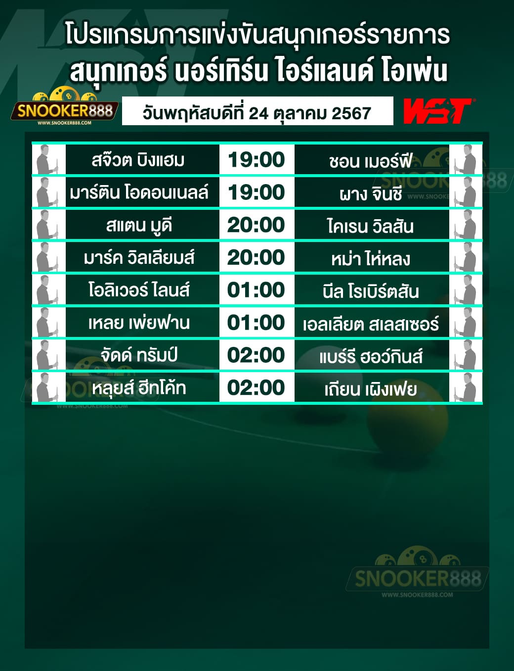 โปรแกรมการแข่งขันสนุกเกอร์ นอร์เทิร์น ไอร์แลนด์ โอเพ่น 2024