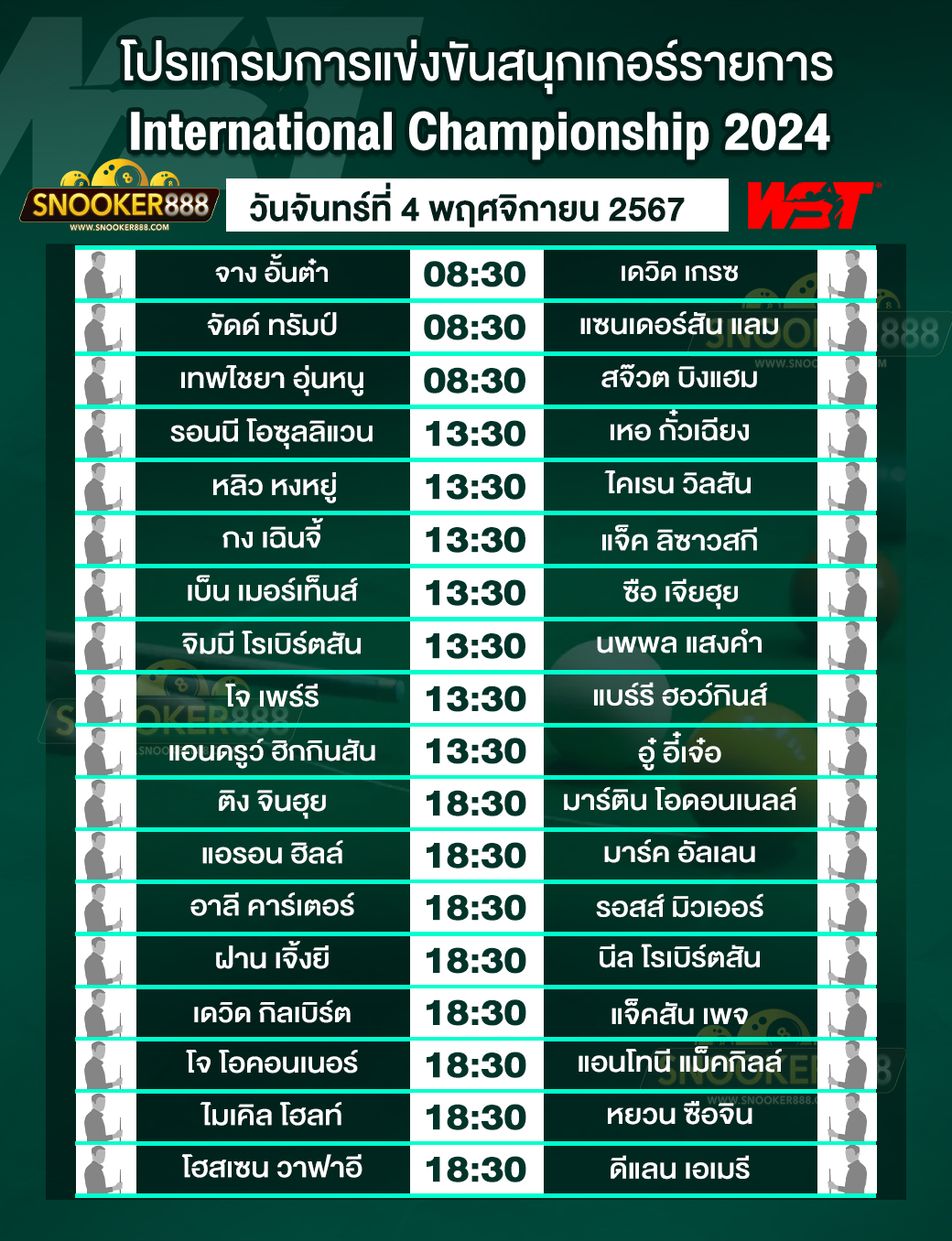 โปรแกรมการแข่งขันสนุกเกอร์ อินเตอร์เนชันแนล แชมเปี้ยนชิพ 2024 วันที่ 4 พ.ย. 67