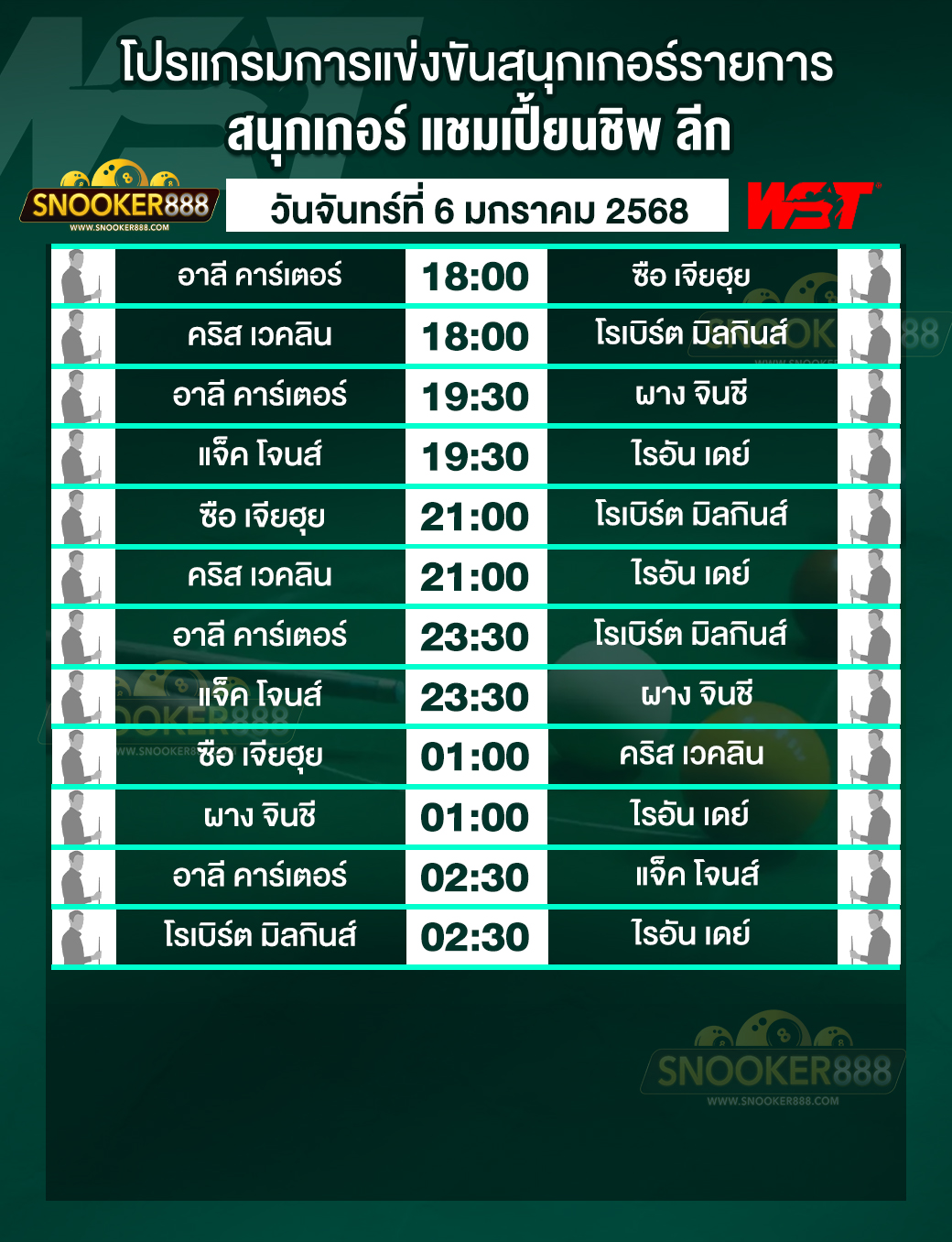 โปรแกรมการแข่งขันสนุกเกอร์ แชมเปี้ยนชิพ ลีก วันที่ 6 ม.ค. 68