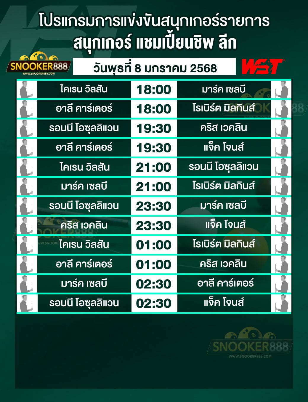 โปรแกรมการแข่งขันสนุกเกอร์ แชมเปี้ยนชิพ ลีก วันที่ 8 ม.ค. 68