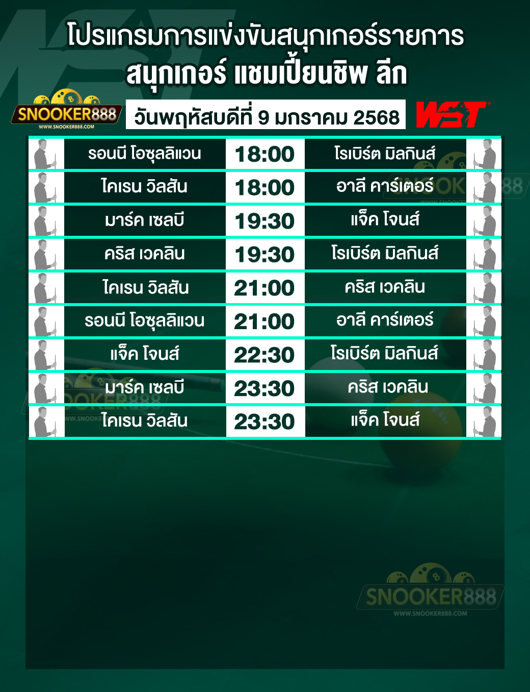 โปรแกรมการแข่งขันสนุกเกอร์ แชมเปี้ยนชิพ ลีก วันที่ 9 ม.ค. 68